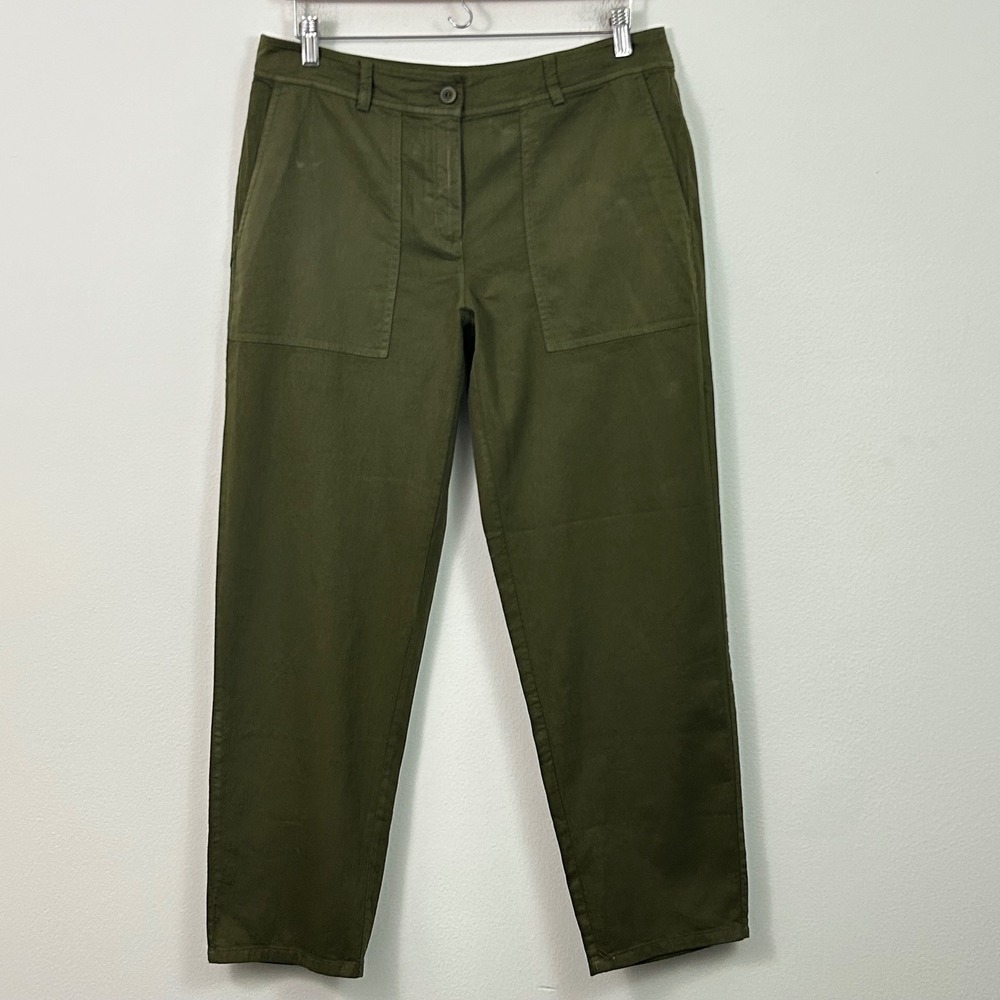 Eileen Fisher Womens Organic Cotton Twill Straight‎ Leg Pants Olive Green 10 NEW